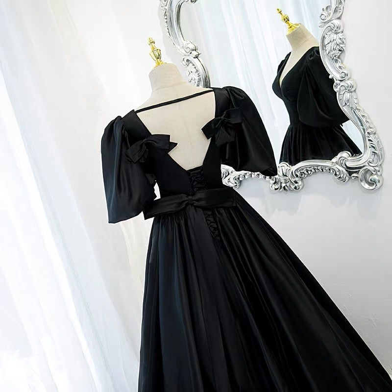 Party Dress Long Sleeve Maxi, Classy Black Prom Dress Formal Dresses with Bubble Sleeves