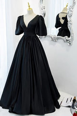 Party Dress Black And Gold, Classy Black Prom Dress Formal Dresses with Bubble Sleeves