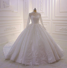 Wedding Dresses Deals, Classy Long A-line High Neck Appliques Lace Pearl Sequins Ruffles Wedding Dress with Sleeves