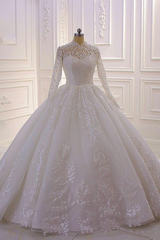 Wedding Dresses The Bride, Classy Long A-line High Neck Appliques Lace Pearl Sequins Ruffles Wedding Dress with Sleeves