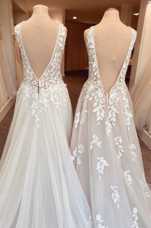 Wedding Dresses Shapes, Classy Long A-Line Sweetheart Appliques Lace Open Back Wedding Dress