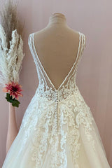 Wedding Dresse Vintage Lace, Classy Long A-Line Sweetheart Appliques Lace Tulle Backless Wedding Dress