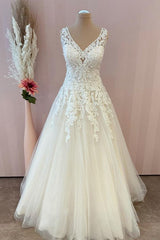 Wedding Dresses Vintage Lace, Classy Long A-Line Sweetheart Appliques Lace Tulle Backless Wedding Dress