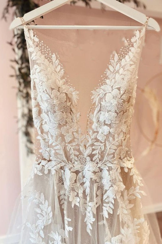 Wedding Dress Boho, Classy Long A-line Tulle Appliques Lace Wedding Dress