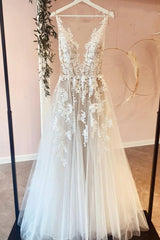 Wedding Dress Tulle, Classy Long A-line Tulle Appliques Lace Wedding Dress
