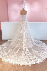 Wedding Dress With Sleeves Lace, Classy Long A-Line Tulle Spaghetti Straps Appliques Lace Backless Wedding Dress