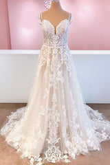 Wedding Dresses With Long Sleves, Classy Long A-Line Tulle Spaghetti Straps Appliques Lace Backless Wedding Dress
