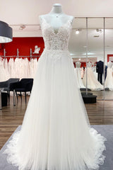 Wedding Dress Jewelry, Classy Long A-line Tulle V Neck Sleeveless Lace Wedding Dress