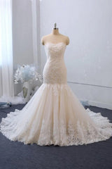 Wedding Dresses Near Me, Classy Long Mermaid Sweetheart Backless Appliques Lace Tulle Wedding Dress