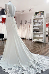 Wedding Dress Different, Classy Long Mermaid V-neck Satin Open Back Wedding Dress with Lace Appliques