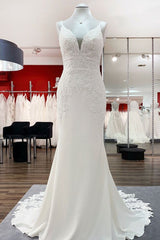 Wedding Dress Elegant, Classy Long Mermaid V-neck Satin Open Back Wedding Dress with Lace Appliques