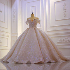 Wedding Dress For Dancing, Classy Long Off the Shoulder Sequin Beading Satin Ball Gown Wedding Dress