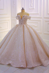 Wedding Dresses For Dancing, Classy Long Off the Shoulder Sequin Beading Satin Ball Gown Wedding Dress