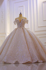Wedding Dress For Spring, Classy Long Off the Shoulder Sequin Beading Satin Ball Gown Wedding Dress