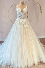 Wedding Dress A Line, Classy Long Princess Sweetheart Tulle Appliques Lace Wedding Dresses