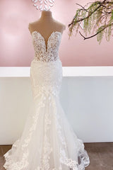Wedding Dresses Sleeves Lace, Classy Long Sweetheart Backless Mermaid Wedding Dress With Appliques Lace