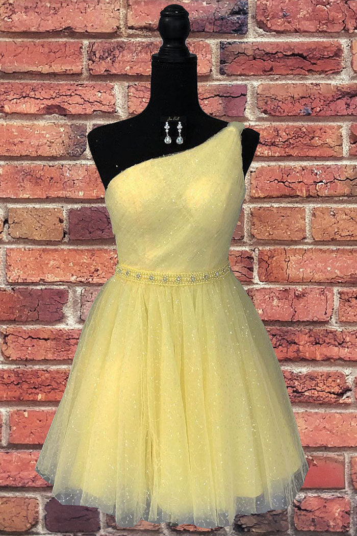 Bridesmaid Dresses Styles, Classy Yellow One Shoulder Short Formal Gown with Beading