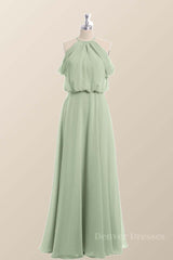 Evening Dress Wedding, Cold Sleeve Sage Green Blouson Chiffon Long Bridesmaid Dress