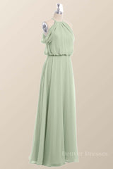 Evening Dress Boutique, Cold Sleeve Sage Green Blouson Chiffon Long Bridesmaid Dress