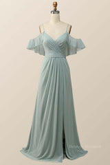Prom Dresses 37, Cold Sleeves Green Chiffon Pleated Long Bridesmaid Dress