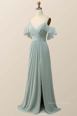 Prom Dress 37, Cold Sleeves Green Chiffon Pleated Long Bridesmaid Dress