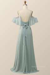 Prom Dress Under 87, Cold Sleeves Green Chiffon Pleated Long Bridesmaid Dress