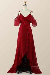 Prom Dresses Ball Gown Style, Cold Sleeves Wine Red Ruffle Long Bridesmaid Dress