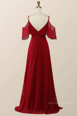 Prom Dresses 2060 Cheap, Cold Sleeves Wine Red Ruffle Long Bridesmaid Dress