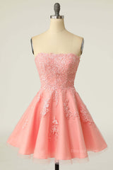 Party Dresses Summer, Coral Strapless A-line Appliques Short Prom Dress