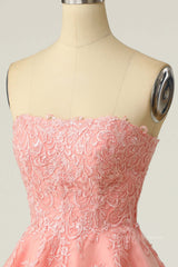 Party Dress For Summer, Coral Strapless A-line Appliques Short Prom Dress