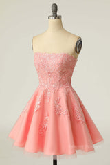 Party Dresses For Summer, Coral Strapless A-line Appliques Short Prom Dress