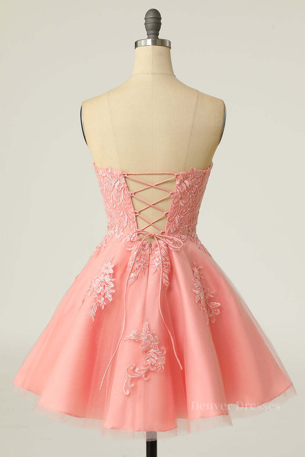 Party Dresses For Teenage Girls, Coral Strapless A-line Appliques Short Prom Dress