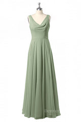 Evening Dress Maxi Long Sleeve, Cowl Neck Sage Green A-line Long Bridesmaid Dresss