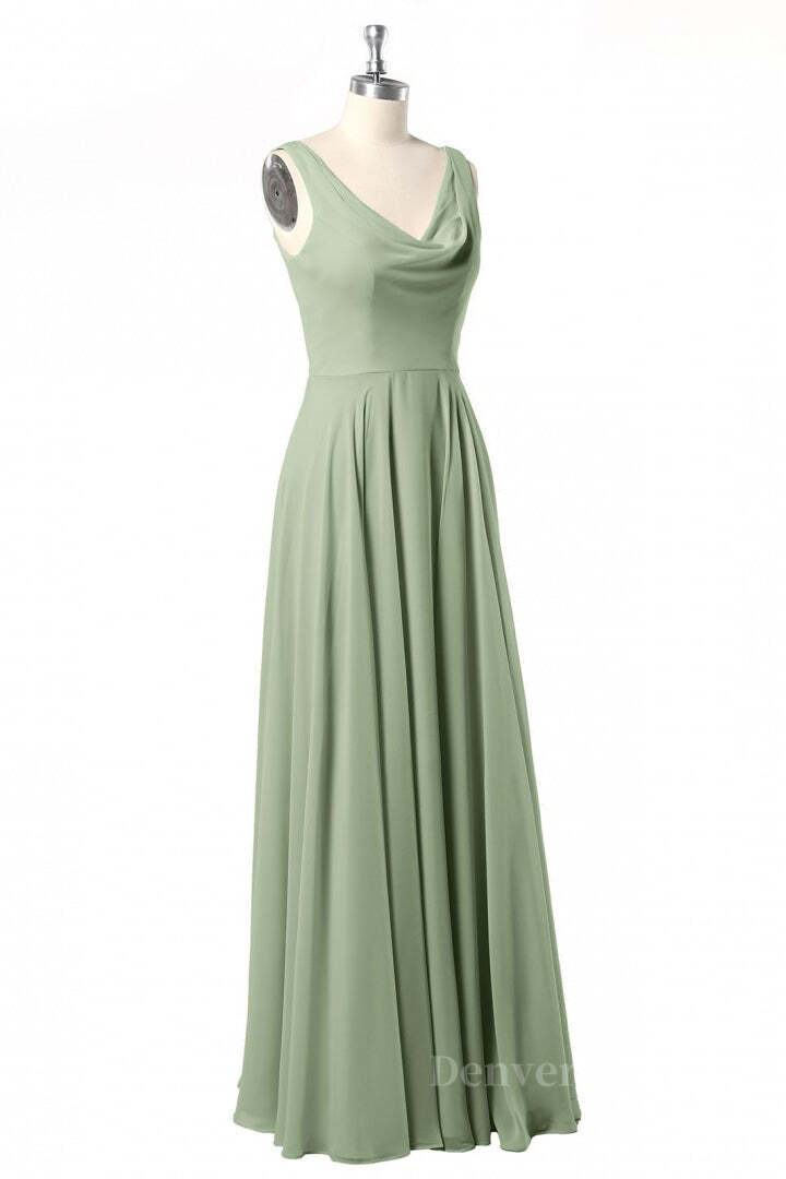 Evening Dresses, Cowl Neck Sage Green A-line Long Bridesmaid Dresss