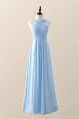 Formal Dresses Size 50, Cross Front Light Sky Blue Chiffon Long Bridesmaid Dress