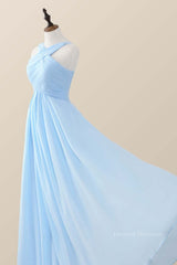 Formal Dresses With Tulle, Cross Front Light Sky Blue Chiffon Long Bridesmaid Dress