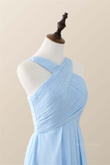 Formal Dresses Homecoming, Cross Front Light Sky Blue Chiffon Long Bridesmaid Dress