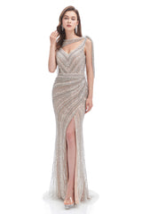Party Dress Short Clubwear, Crystal Beaded Mermaid High Slit Long Prom Dresses