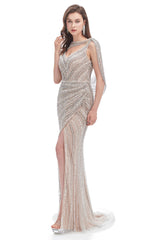 Party Dress Miami, Crystal Beaded Mermaid High Slit Long Prom Dresses