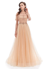 Party Dress For Teenage Girl, Crystal O-Neck Sleeveless A Line Tulle Prom Dresses