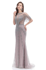 Party Dresses Purple, Crystal Tassel Mermaid O Neck Short Sleeves Prom Dresses