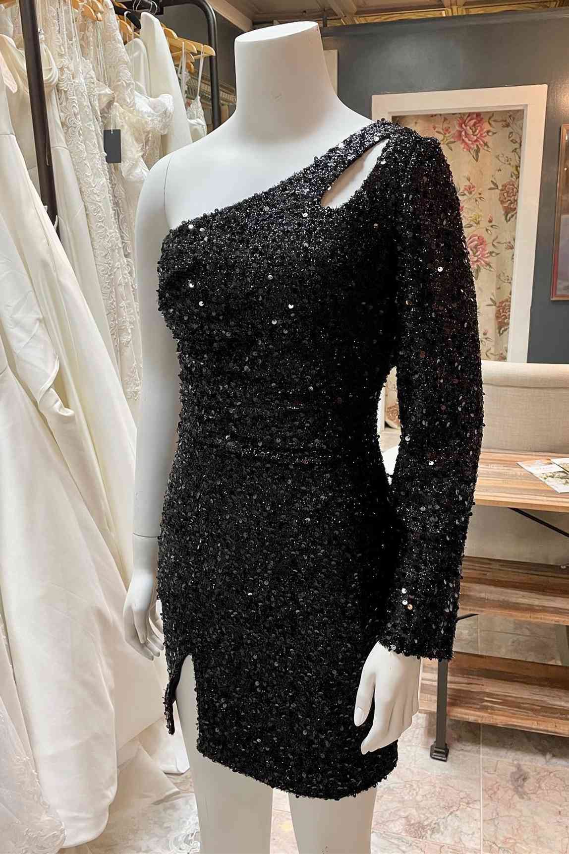 Satin Dress, Cut Out Long Sleeve Black Sequins Tight Homecoming Dress Gala Dresses Short