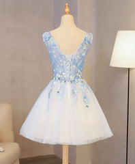 Prom Dress Two Pieces, Cute Blue Lace Applique Short Prom Dress, Homecoming Dress