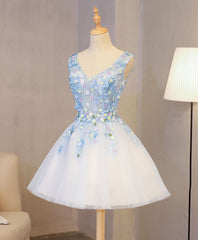 Formal Dress, Cute Blue Lace Applique Short Prom Dress, Homecoming Dress