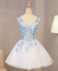 Prom Dresses Two Pieces, Cute Blue Lace Applique Short Prom Dress, Homecoming Dress