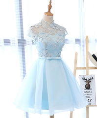 Prom Dress Shops Nearby, Cute Blue Lace Tulle Short Prom Dress. Cute Homecoming Dress