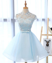 Prom Dresses For Black, Cute Blue Lace Tulle Short Prom Dress. Cute Homecoming Dress