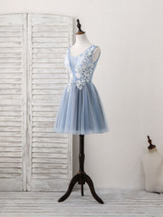 Party Dress Design, Cute Blue V Neck Tulle Lace Applique Short Prom Dress, Blue Homecoming Dress
