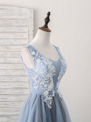 Party Dress Designs, Cute Blue V Neck Tulle Lace Applique Short Prom Dress, Blue Homecoming Dress