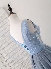 Party Dress Teens, Cute Blue V Neck Tulle Lace Applique Short Prom Dress, Blue Homecoming Dress